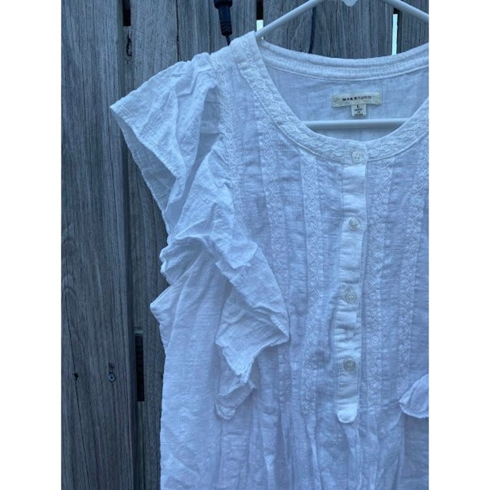 Max Studio White Ruffle Sleeve Eyelet Cotton Blend Shift Dress A902E60A Womens L - Picture 5 of 6